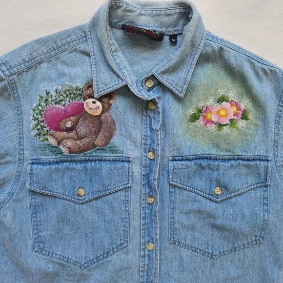 Vintage Denim Shirt Teddy Bear Floral Short Sleeve Spring Summer Cute Teddy Core - Picture 8 of 13